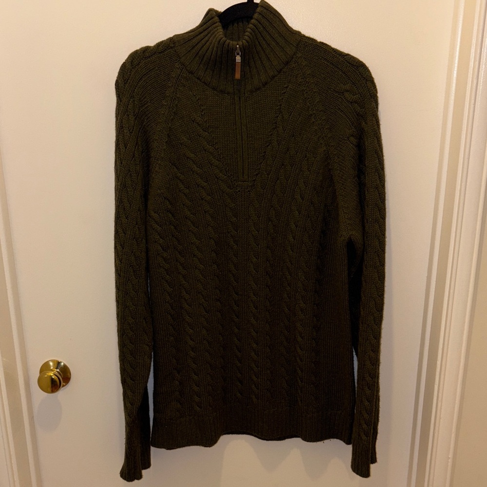 Vintage Large 100% Wool Joseph Abboud Dark Green Zip-Up Sweater Cable Knit